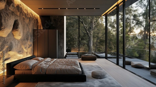 Fototapeta モダンでミニマリストなベッドルームデザイン、床から天井までの大きな窓から見える海の夕日