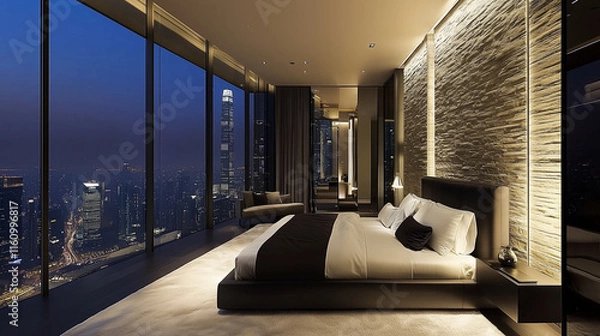 Obraz モダンでミニマリストなベッドルームデザイン、床から天井までの大きな窓から見える海の夕日