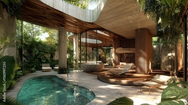 Fototapeta A contemporary eco-hotel with sustainable materials and open-air architecture in a rainforest setting