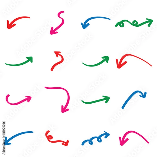 Obraz Hand drawn colorful vector doodle arrow set collection on white background.