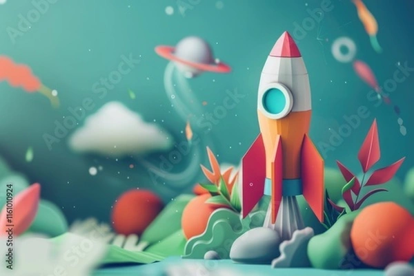 Fototapeta Vivid digital artwork of a whimsical rocket ship launching into the sky, set against an imaginative space backdrop with stars and planets.