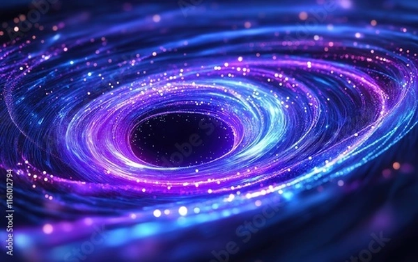 Fototapeta A vibrant, swirling vortex of glowing purple and blue lights, resembling a cosmic galaxy or black hole in a futuristic design.

