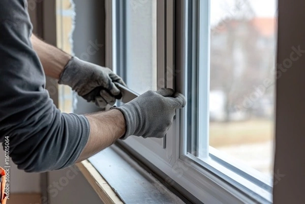 Obraz Hands adjusting window frame with precision tools, showcasing cr