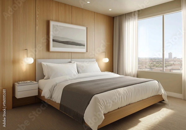 Fototapeta A modern bedroom with light wood paneling, a white bed and headboard, a grey blanket at the end of the bed, wall lighting, a large window, minimalistic design elements