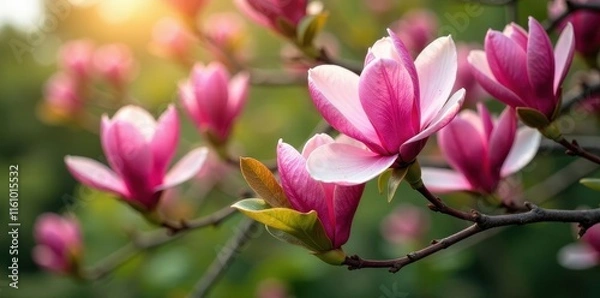 Fototapeta A show-stopping pink magnolia tree in full bloom with lush green foliage, magnolia trees, evergreen trees, leaves and flowers