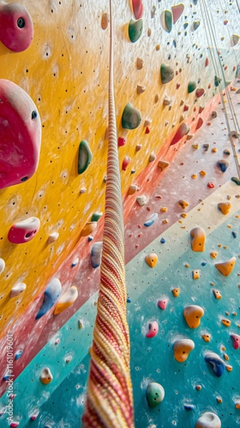 Fototapeta Climbing rope hanging on a colorful indoor bouldering wall, showcasing dynamic climbing gym environment