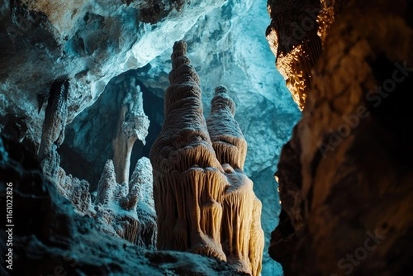 Fototapeta Majestic stalagmites rise within cavern, illuminated by ethereal