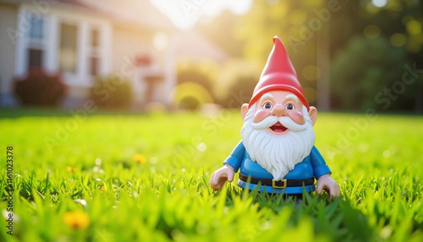 Fototapeta Cheerful garden gnome standing on lawn grass in sunny front yard, whimsy