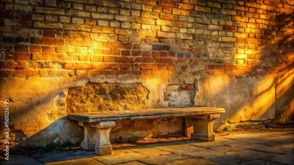 Fototapeta A weathered wooden bench with stone legs rests against a worn brick wall illuminated by the golden rays of the setting sun.