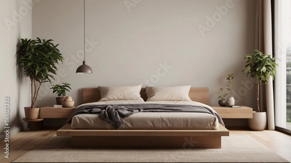 Obraz A minimalist bedroom featuring a low platform bed, neutral tones, and a single plant on a wooden nightstand.

