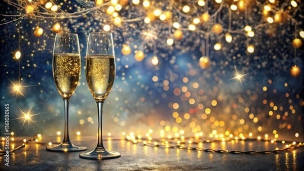 Obraz Two glasses of sparkling champagne rest on a table adorned with shimmering fairy lights, creating a festive ambiance.