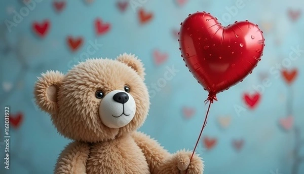 Fototapeta Adorable teddy bear holding a heart-shaped balloon with a romantic background of hearts