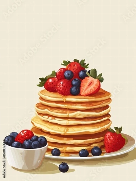 Fototapeta Stack of golden pancakes topped with fresh strawberries and blueberries for a delightful breakfast experience. Generative AI