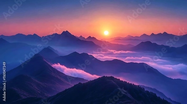 Fototapeta Majestic Sunrise Over Mountains Highlighted by Vibrant Colors Photo