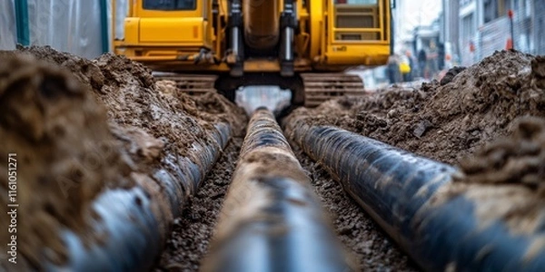 Fototapeta Low angle perspective showcasing horizontal directional drilling technology in action. The drilling machine is engaged in the trenchless installation of pipelines, highlighting the efficiency of