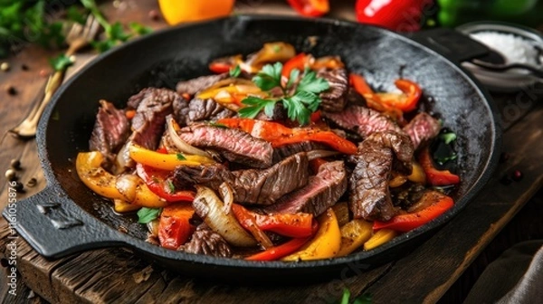 Fototapeta Appetizing meat dish with colorful vegetables on a wooden table