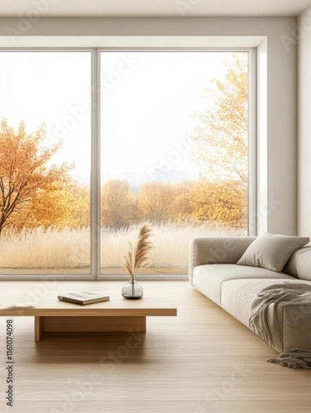 Fototapeta Cozy autumn living room with large windows showcasing vibrant trees and soft sunlight