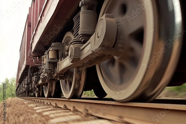 Fototapeta Close-up of a train wheel on tracks, emphasizing motion and industrial design.