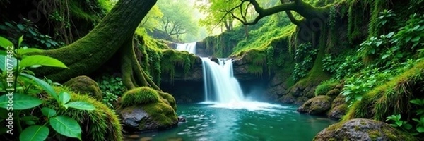 Obraz Emerald waterfalls cascade down mossy ancient tree trunks, greenery, wilderness, rainforest
