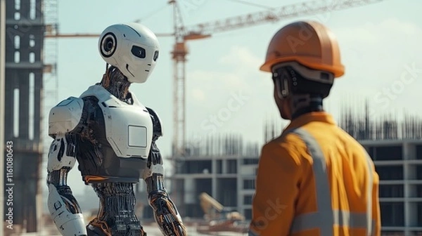 Obraz A human and a robot collaborating on a construction site of the future