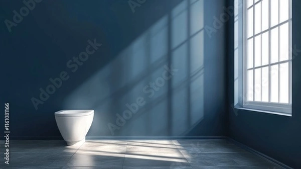 Fototapeta Modern bathroom design featuring a white toilet bowl on grey tile floor against dark blue walls and natural light from a window.