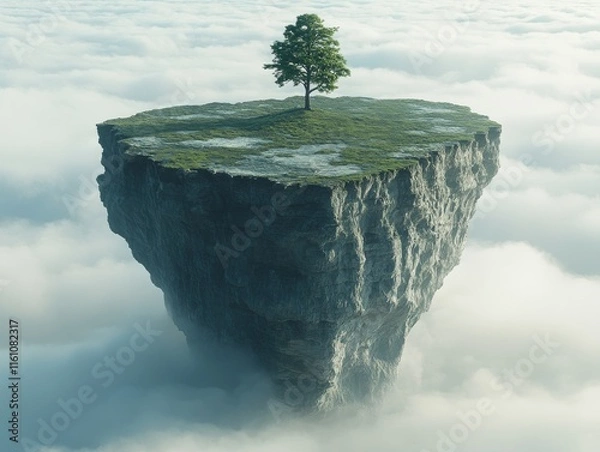 Fototapeta A solitary tree atop a floating rock formation surrounded by clouds.