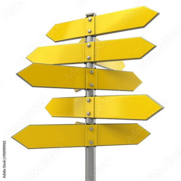 Fototapeta Yellow Signpost Directions: Multiple blank yellow arrow signs on a signpost, offering various directional choices.  A concept image ideal for illustrating choices, decisions, directions, options.