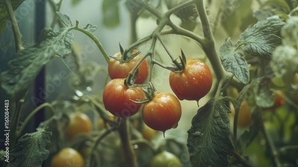 Fototapeta Ripening tomatoes on a vine in a lush greenhouse setting with soft light highlighting their vibrant colors and fresh garden atmosphere