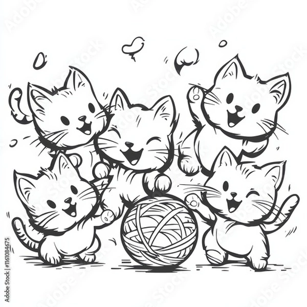 Fototapeta Playful Kitten Crew: A whimsical illustration of four adorable kittens playing with a ball of yarn, capturing the joy and energy of feline friendship.  