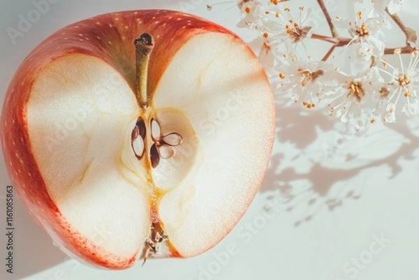 Fototapeta A sliced apple reveals its seeds, accompanied by delicate white blossoms.