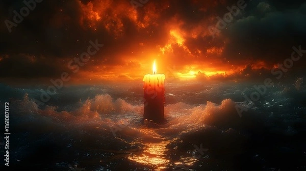 Fototapeta A Warm Candle's Glow in the Dark Seaside, Evoking Solitude and Tranquility