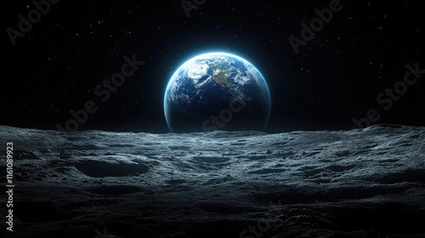 Fototapeta Lunar Dawn: Earthrise from the Desolate Surface of the Moon