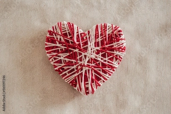 Obraz Red and white threaded heart on a beige fabric background.
