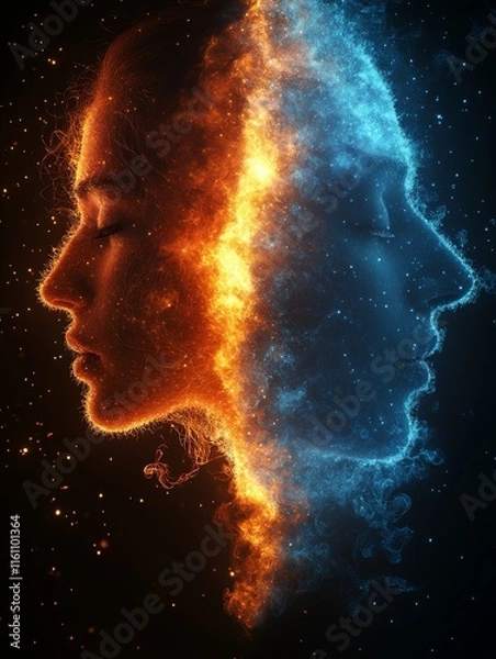 Fototapeta Dual profiles in fiery orange and cool blue, representing contrasting emotions or elements.