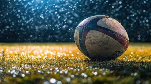 Obraz Rugby Ball Resting on the Pitch Under Focused Lighting During an Intense Night Match in the Rain