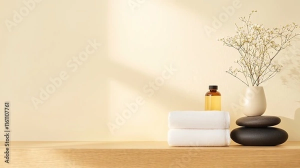 Fototapeta Relaxing spa setting with towels and essentials.