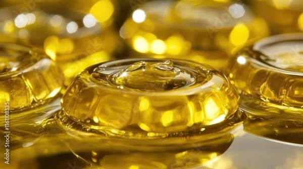 Fototapeta Close-up of golden, translucent, viscous liquid drops.