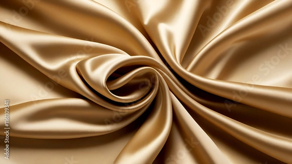 Fototapeta Luxurious golden satin fabric, soft folds and creases, smooth texture, shimmering surface, elegant drapery, warm champagne color, close-up view, silky material, high-end textile, lustrous sheen