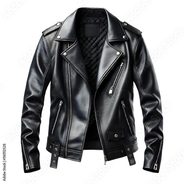 Obraz High-Quality Black Leather Jacket with Natural Folds and Open Front Display – Perfect for Product Listings