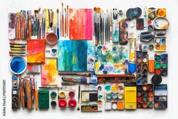 Obraz A vibrant arrangement of art supplies showcasing creativity and artistic tools.