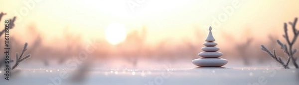 Fototapeta Serene Winter Scene Featuring a Stacked White Pebble Tower Set Against a Softly Glowing Sunset with Frosty Branches in the Background