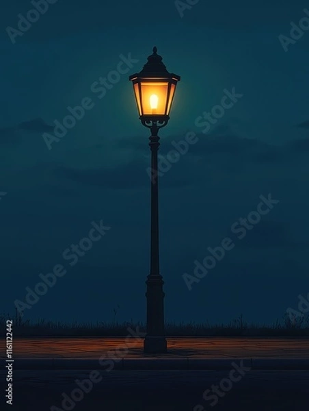 Fototapeta Cartoon style street lamp shining brightly against a dark evening backdrop