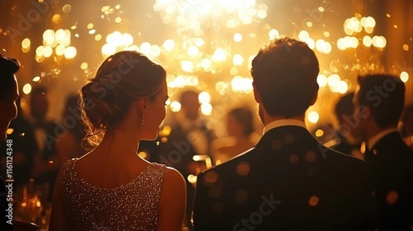 Fototapeta Elegant New Year's party celebration with guests in formal attire enjoying a festive atmosphere