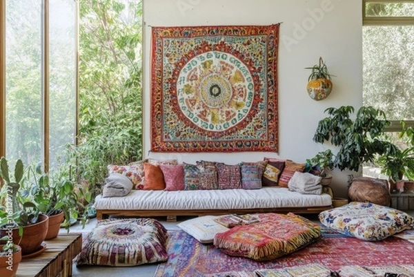 Fototapeta Cozy living space with colorful textiles and plants, creating a warm, inviting atmosphere.