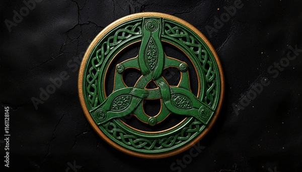 Fototapeta Celtic knot symbol in green on dark background