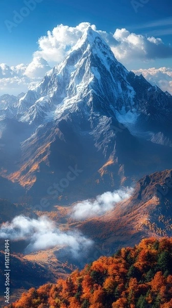 Obraz Majestic Snow-Capped Mountain Peak with Autumnal Foliage and Clouds