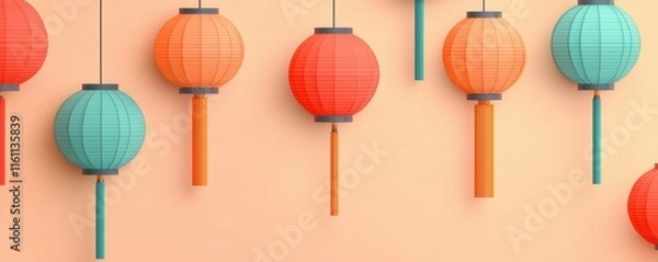 Fototapeta Chinese New Year theme background. Colorful paper lanterns hanging against a peach background create a festive atmosphere.