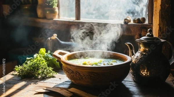Fototapeta A cozy kitchen scene with lettuce soup steaming in a rustic clay pot, next to an old-fashioned kettle and herbs