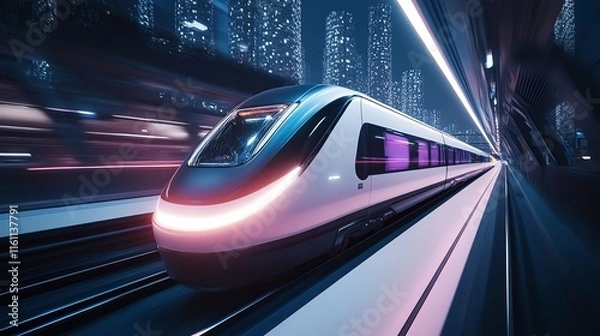 Fototapeta Futuristic Train Speeding Through Tunnel with Blue and Orange Light Trails