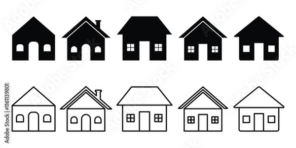 Fototapeta House icon with lines and simple design. Black and white house icon with chimney. Real estate house icon. Flat house icon. Abstract house icon set on white background.